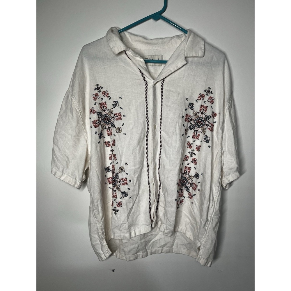 Abercrombie &Fitch Resort Shirt Mens L White Embroidered Summer Linen Blend Boho